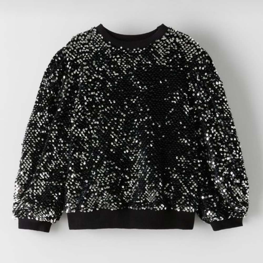 New ZARA pullover sequins sweatshirt in black.  Girls size 9
